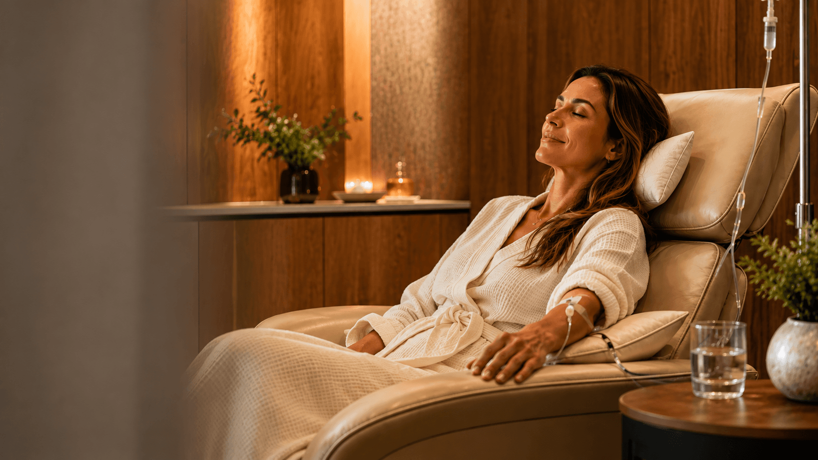 Woman in a robe resting with eyes closed in a cream recliner during an IV infusion, in a warmly lit wood-paneled room