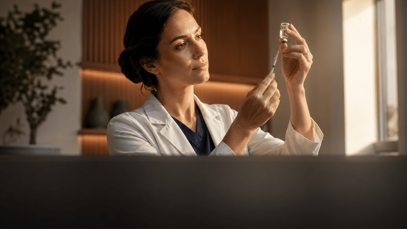 A physician examining a vial and syringe in a warm, wood-paneled clinical room