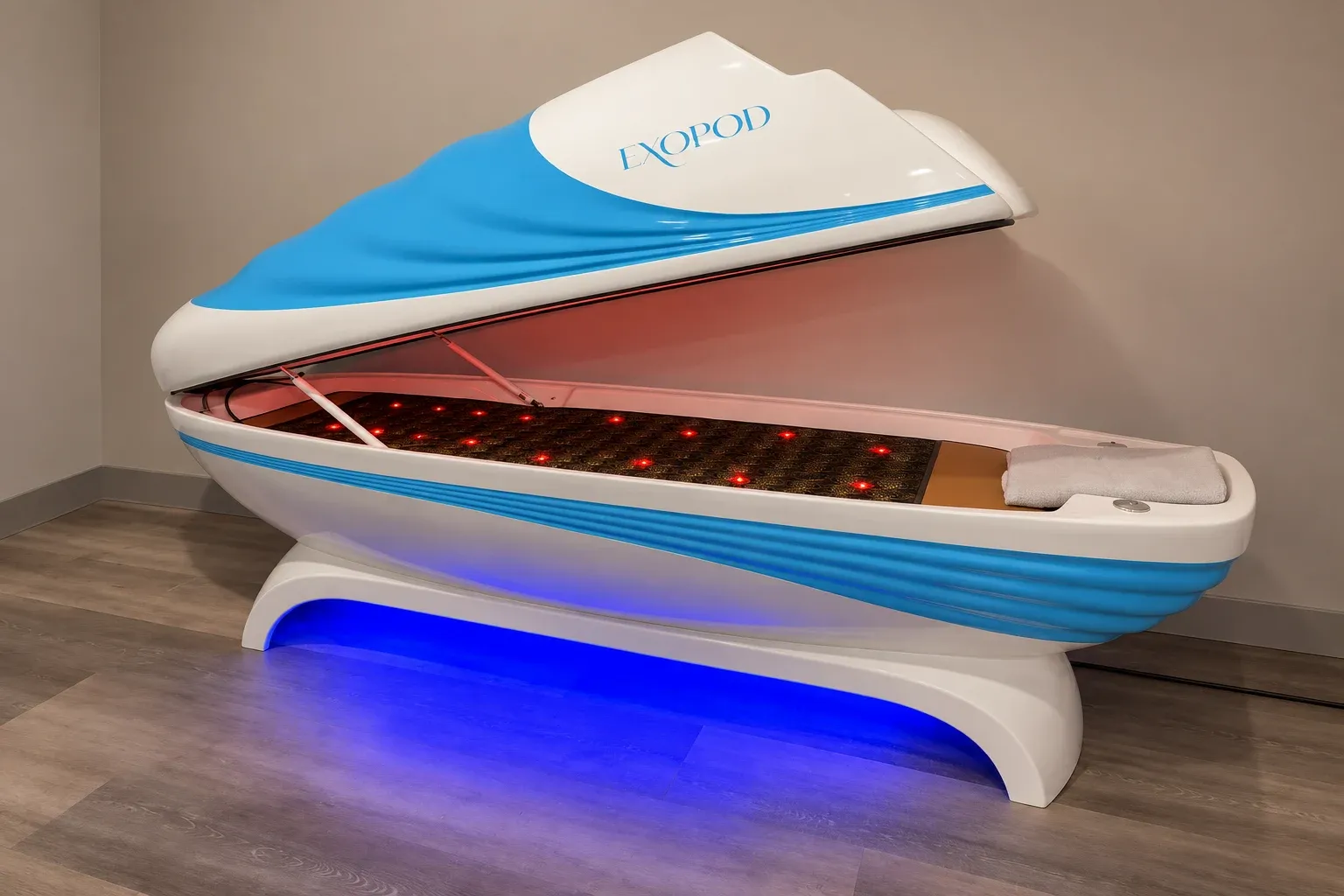 White and blue ExoPod with the lid open, showing red lights along its bed and blue lighting underneath