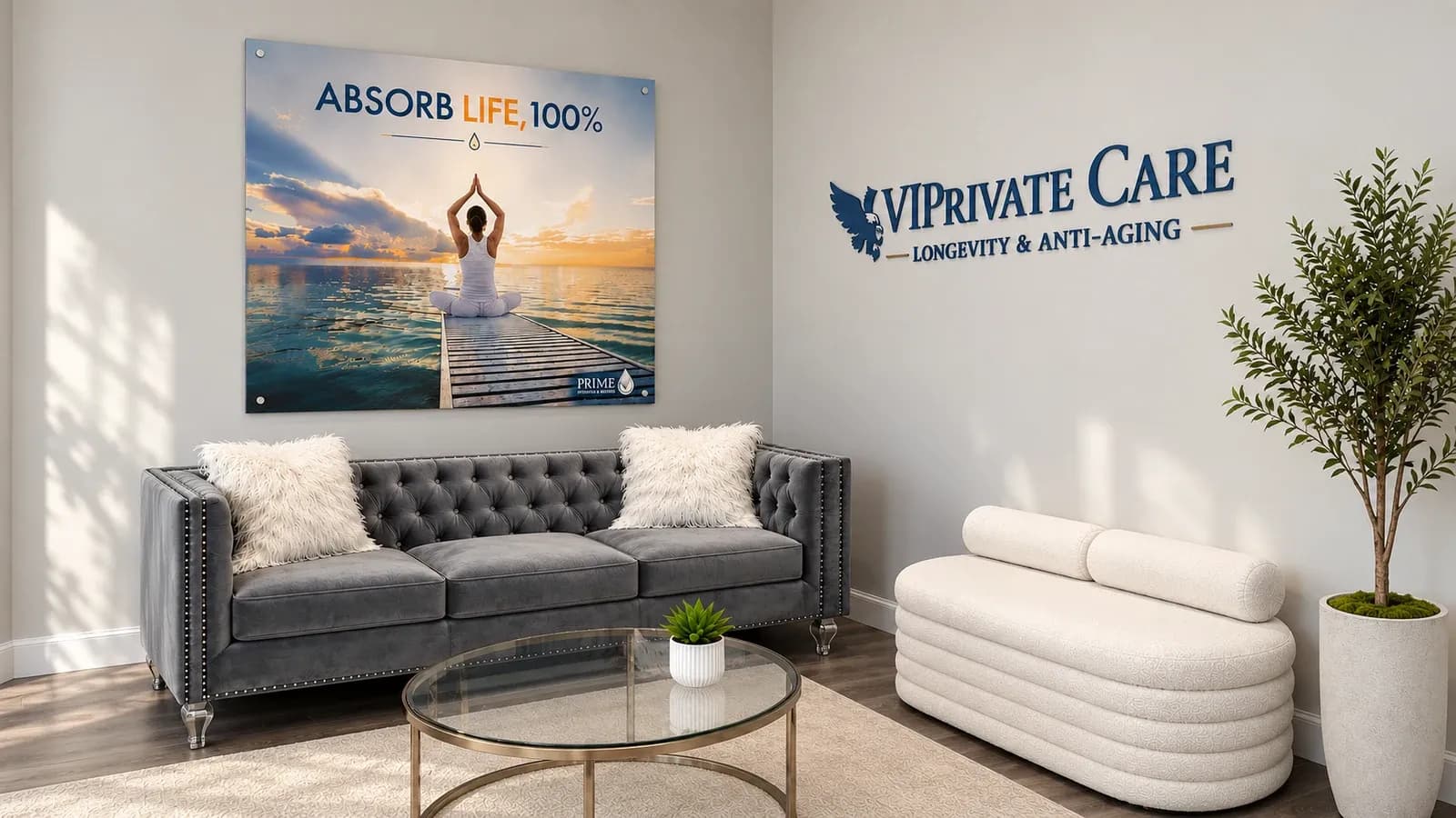 VIPrivate Care reception with the practice sign, gray sofa and cream chair