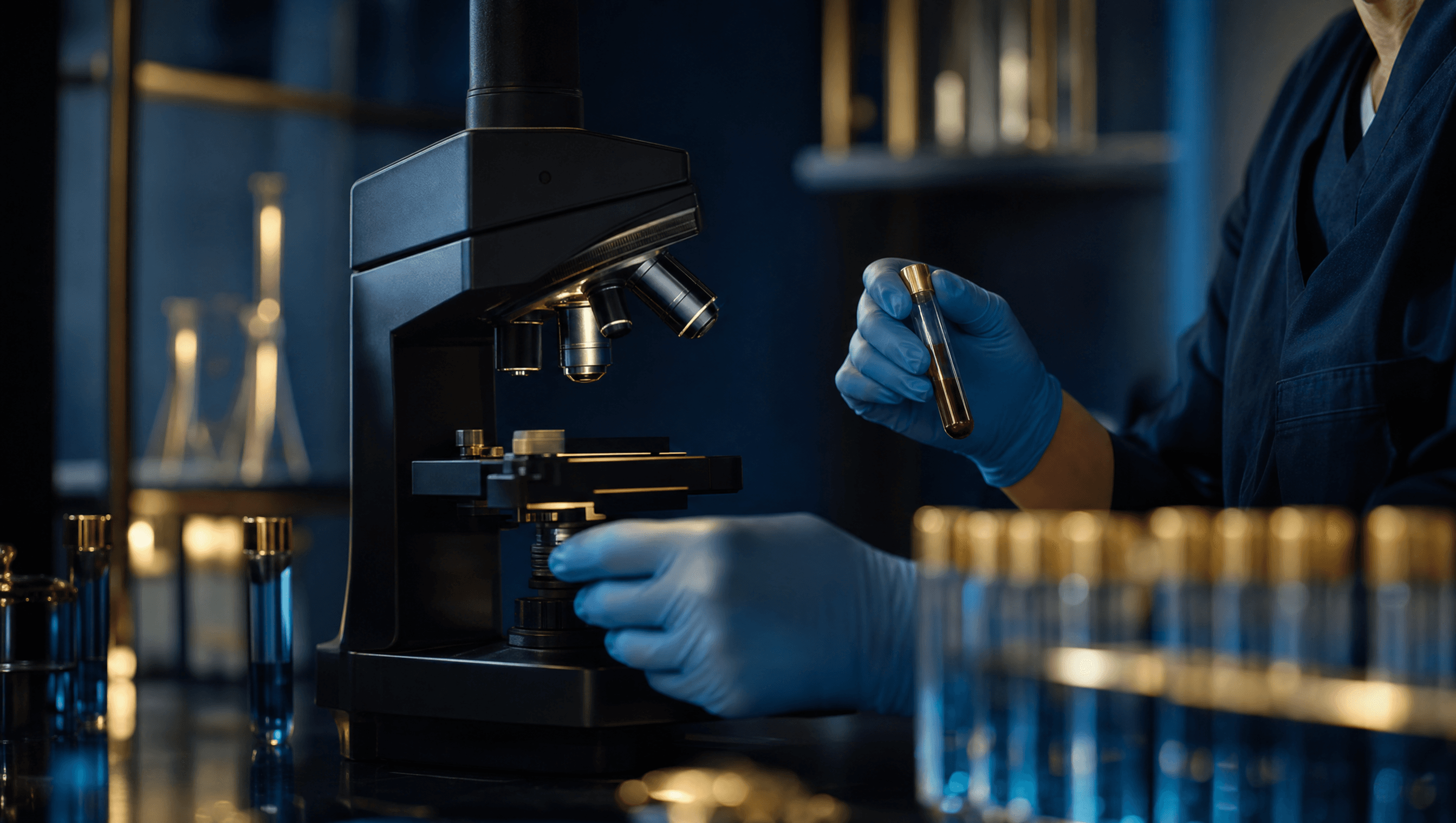 Clinician examining a blood sample vial under a microscope